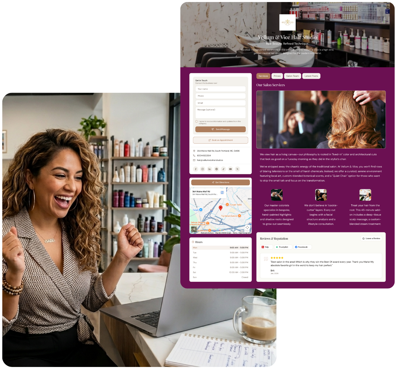 Small business owner celebrating with her SprySite website example