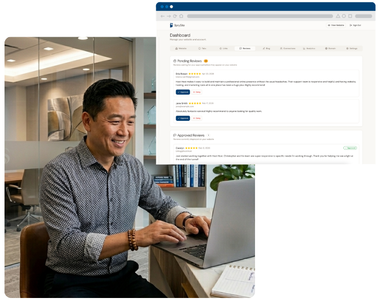 SprySite dashboard showing review management and review request tools